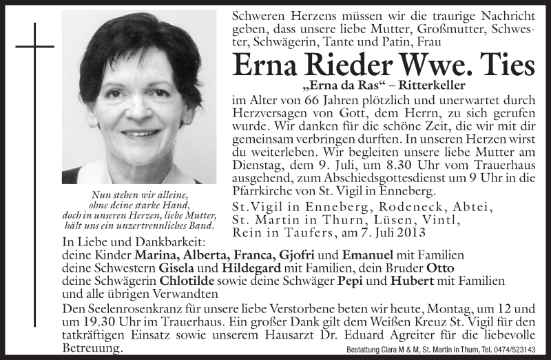 Erna Ties | Südtirols größtes Trauerportal · Trauerportal Südtirol