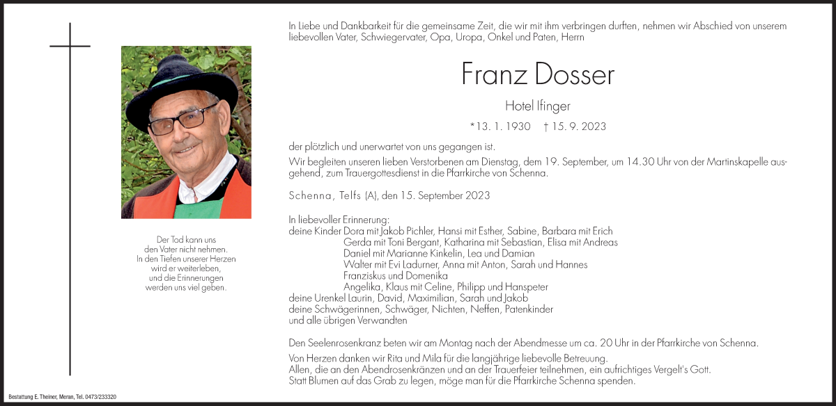 Franz Dosser | Südtirols größtes Trauerportal · Trauerportal Südtirol