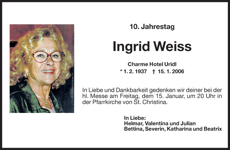Ingrid Weiss | Südtirols größtes Trauerportal · Trauerportal Südtirol