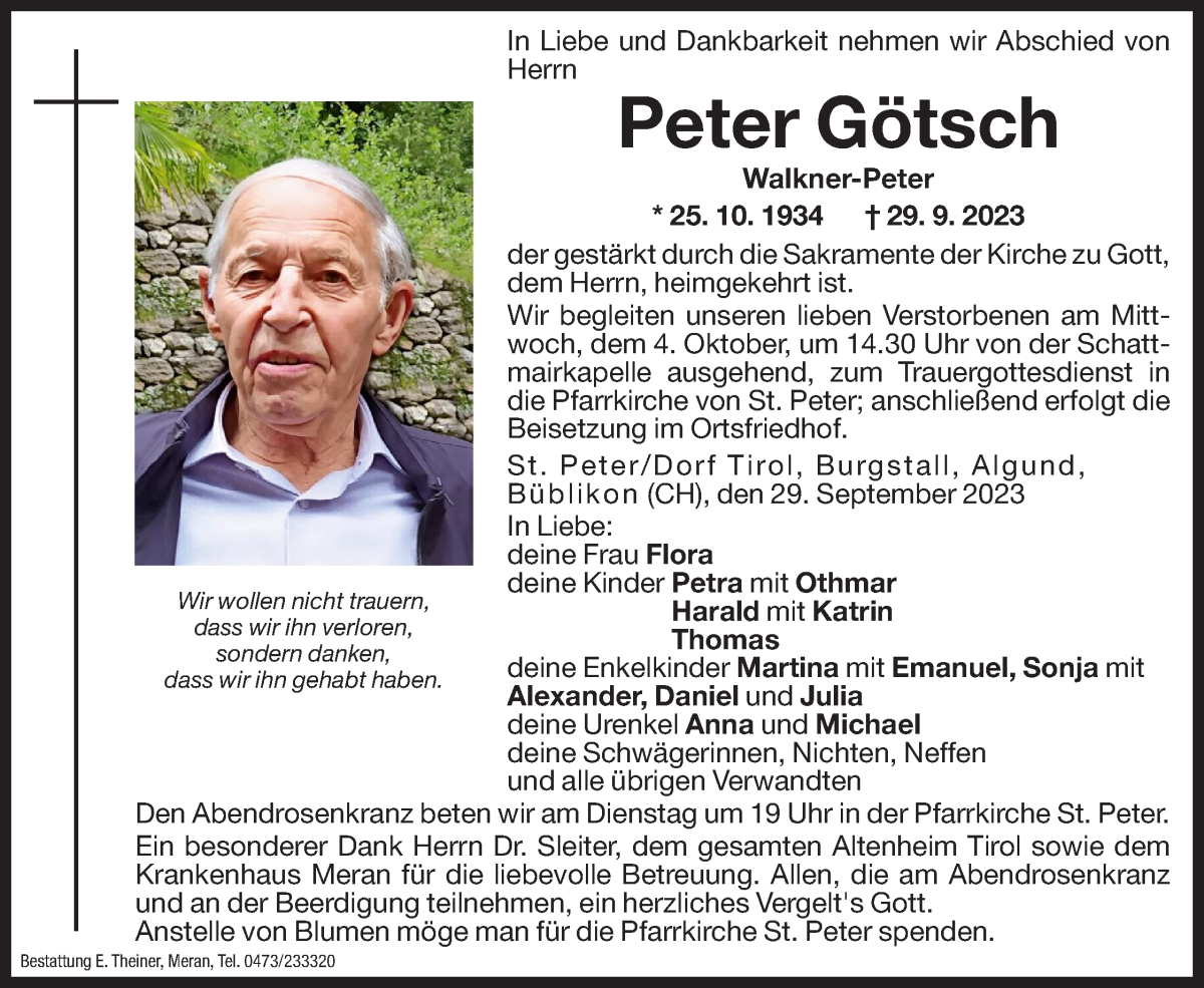 Peter Götsch | Südtirols größtes Trauerportal · Trauerportal Südtirol