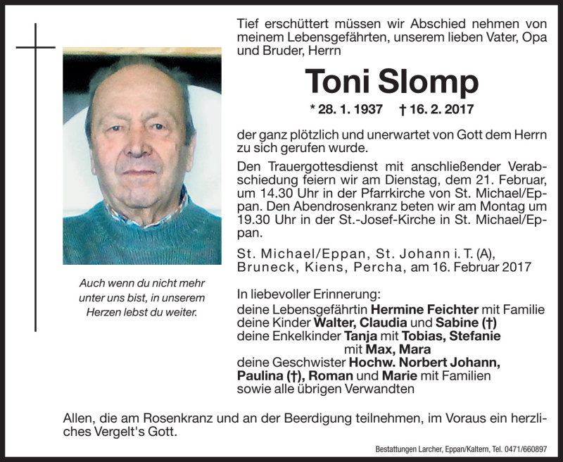 Toni Slomp | Südtirols größtes Trauerportal · Trauerportal Südtirol