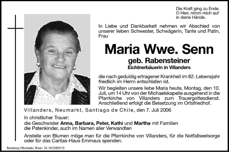 Maria Senn | Südtirols größtes Trauerportal · Trauerportal Südtirol