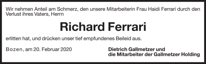 Richard Ferrari | Südtirols größtes Trauerportal · Trauerportal Südtirol