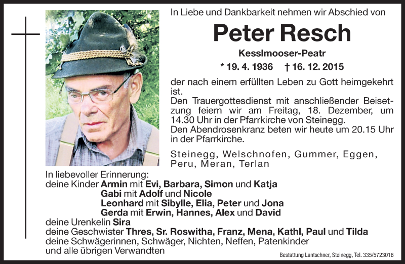 Peter Resch | Südtirols größtes Trauerportal · Trauerportal Südtirol