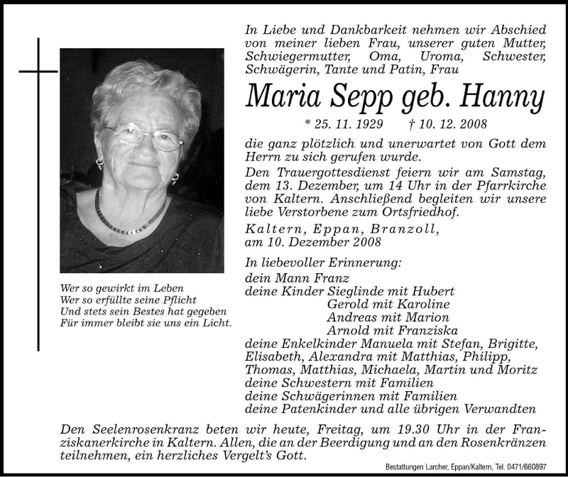 Maria Sepp | Südtirols größtes Trauerportal · Trauerportal Südtirol