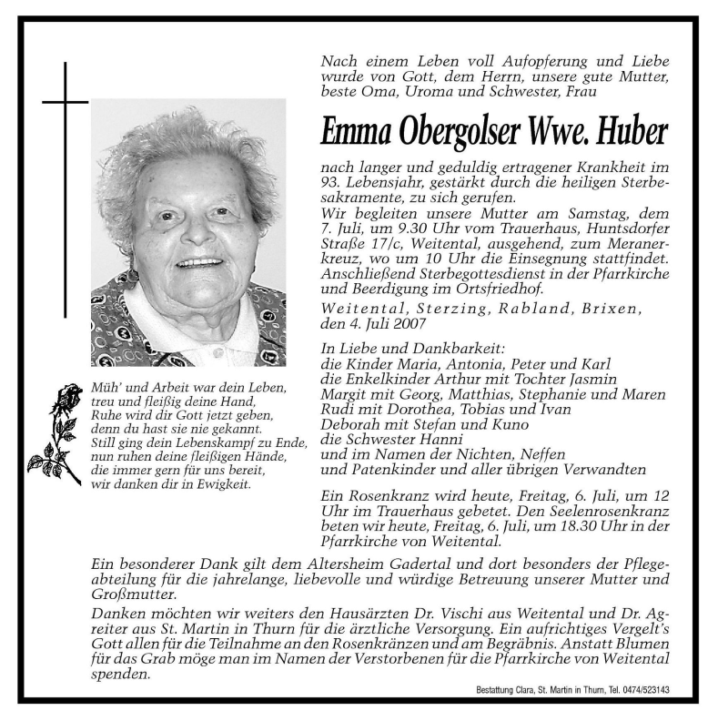 Emma Huber | Südtirols größtes Trauerportal · Trauerportal Südtirol