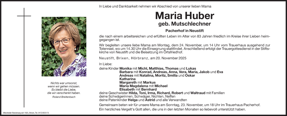 Maria Huber | Südtirols größtes Trauerportal · Trauerportal Südtirol
