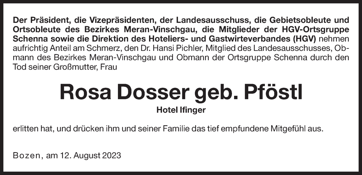 Rosa Dosser | Südtirols größtes Trauerportal · Trauerportal Südtirol
