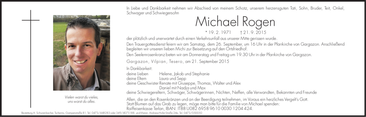 Michael Rogen | Südtirols größtes Trauerportal · Trauerportal Südtirol