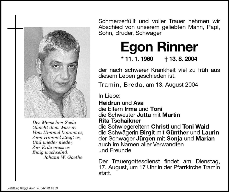 Egon Rinner | Südtirols größtes Trauerportal · Trauerportal Südtirol
