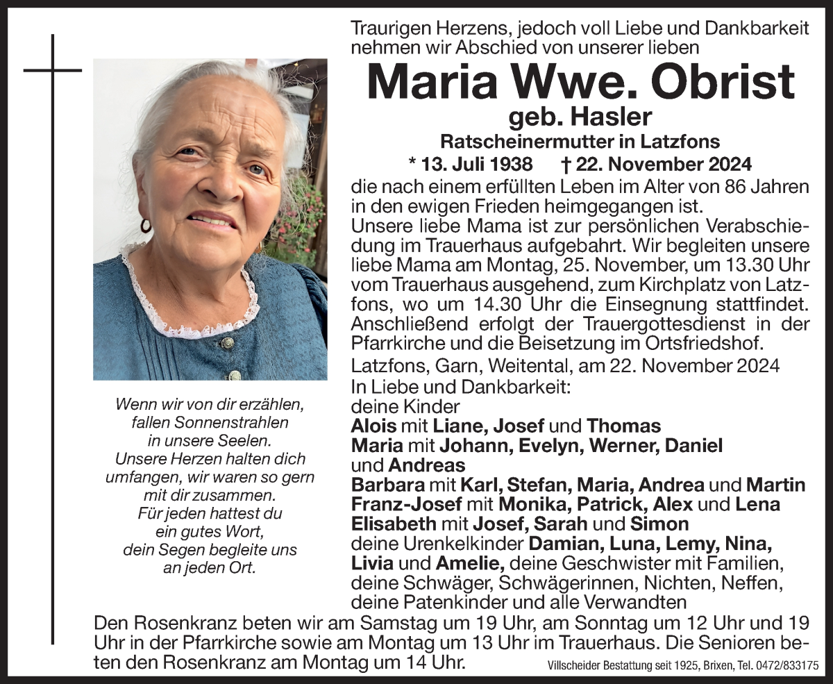 Maria Hasler Obrist | Südtirols größtes Trauerportal · Trauerportal ...