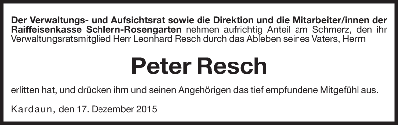 Peter Resch | Südtirols größtes Trauerportal · Trauerportal Südtirol