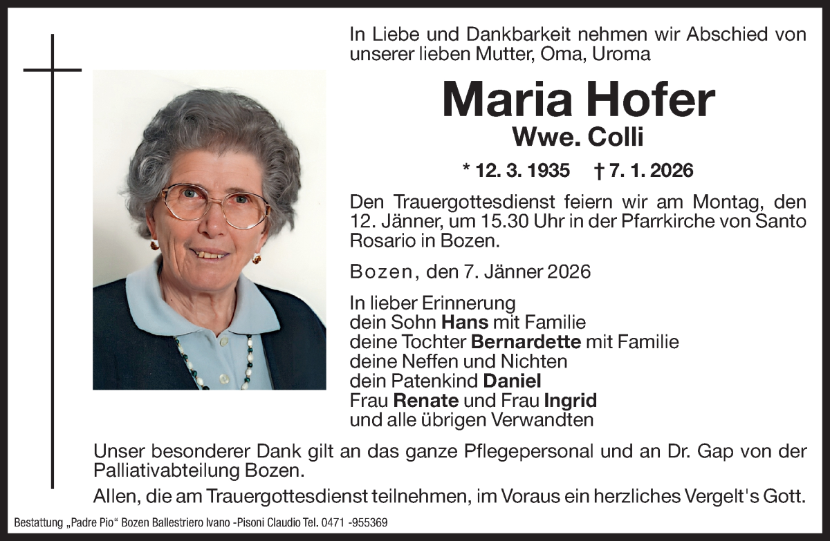 Maria Colli | Südtirols größtes Trauerportal · Trauerportal Südtirol
