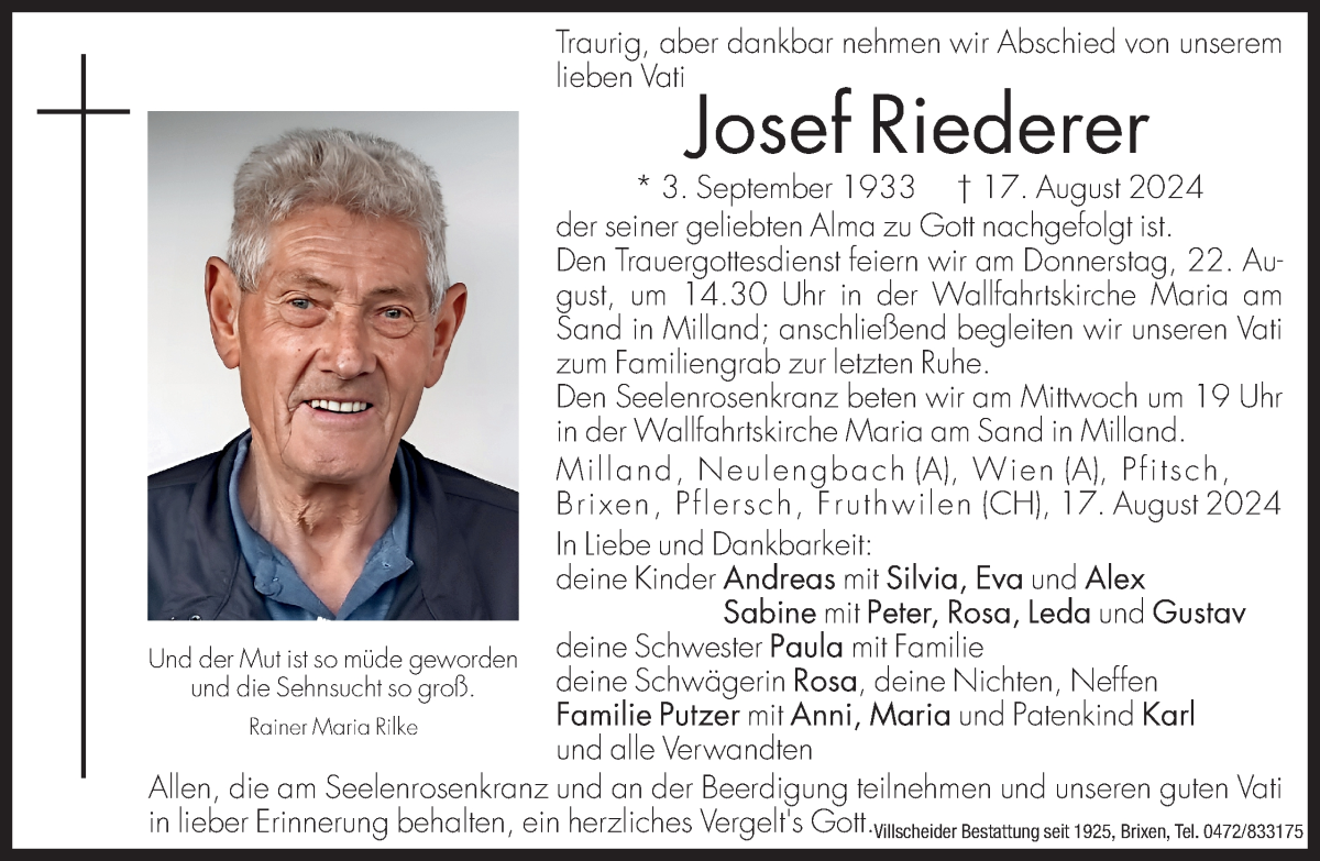 Josef Riederer | Südtirols größtes Trauerportal · Trauerportal Südtirol